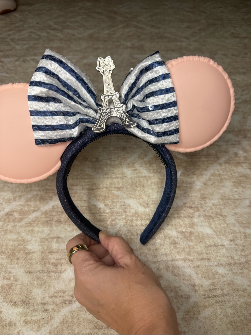 Disney Pink Macaron Ear Headband with Navy Striped Bow and Eiffel Tower Charm